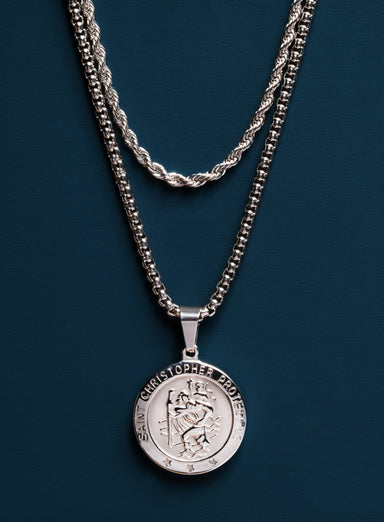 Necklace Set: Silver Rope Chain and St. Christopher Necklace