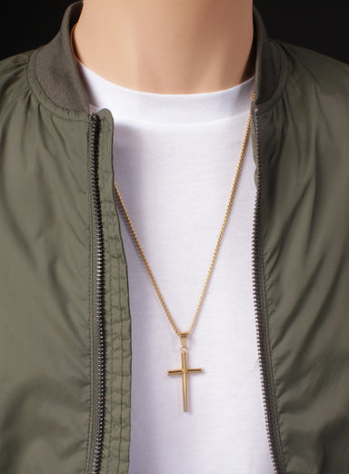 Large Gold Plated Stainless Steel "Bamboo" Cross Men's Necklace