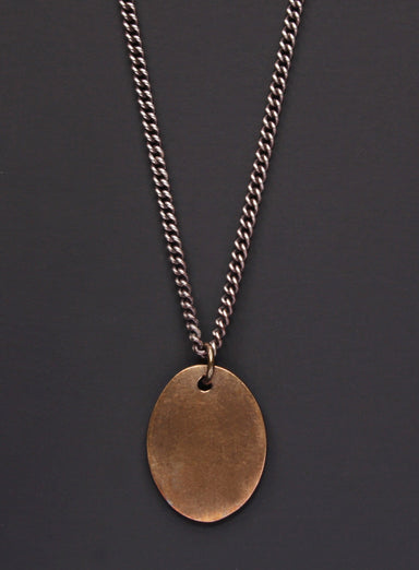 Bronze oval tag & Oxidized sterling silver men's curb chain necklace