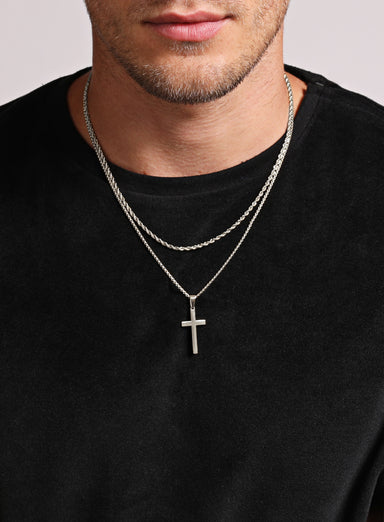 Necklace Set: Silver Rope Chain and Large Silver Cross