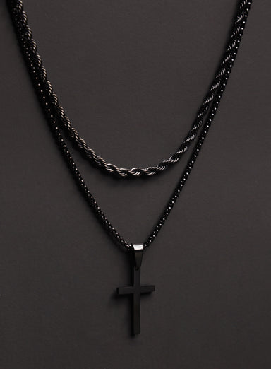 Necklace Set: Black Rope Chain and Medium Black Cross