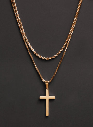 Necklace Set: Gold Rope Chain and Large Gold Cross