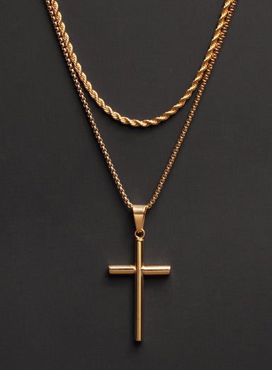 Necklace Set: Gold Rope Chain and Gold Bamboo Cross Necklace