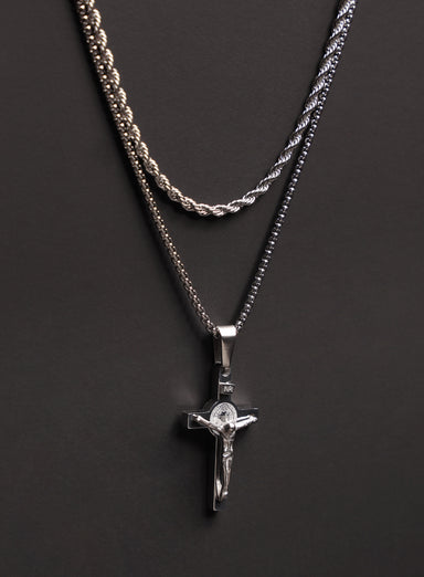 Necklace Set: Silver Rope Chain and Silver Crucifix Necklace