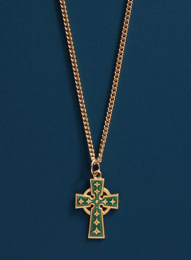 Gold Celtic Cross with Green enamel Necklace
