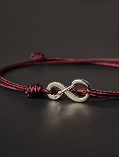 Infinity Bracelet - Maroon cord men's bracelet with silver clasp