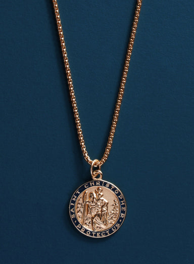 Gold Saint Christopher Round Medal w/ dark navy enamel Necklaces legacyhomesrgv: Men's Jewelry & Clothing.   