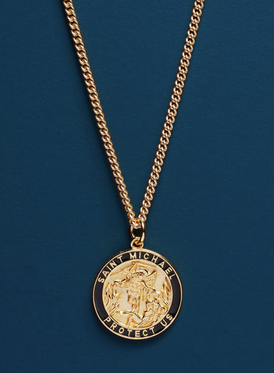 Saint Michael Protection Angel Round Vermeil Gold Pendant for Men Necklaces legacyhomesrgv: Men's Jewelry & Clothing.   